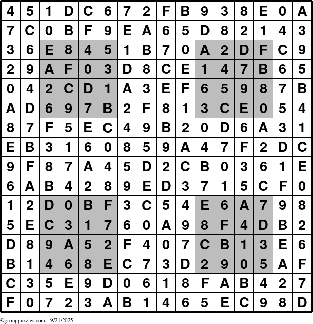 The grouppuzzles.com Answer grid for the HyperSudoku-16 puzzle for Sunday September 21, 2025