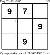 The grouppuzzles.com Easy TicTac-789 puzzle for Sunday September 21, 2025 with the first 2 steps marked