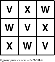 The grouppuzzles.com Answer grid for the TicTac-VWX puzzle for Wednesday August 26, 2026