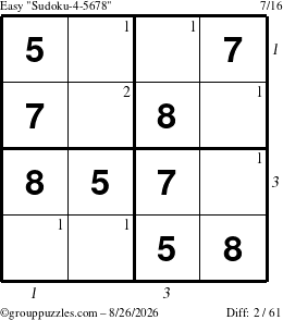 The grouppuzzles.com Easy Sudoku-4-5678 puzzle for Wednesday August 26, 2026 with all 2 steps marked