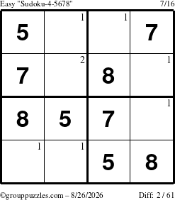 The grouppuzzles.com Easy Sudoku-4-5678 puzzle for Wednesday August 26, 2026 with the first 2 steps marked