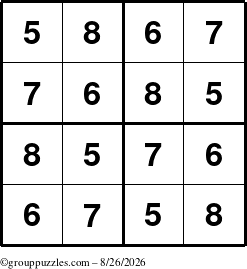The grouppuzzles.com Answer grid for the Sudoku-4-5678 puzzle for Wednesday August 26, 2026