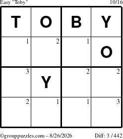 The grouppuzzles.com Easy Toby puzzle for Wednesday August 26, 2026 with the first 3 steps marked