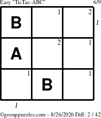 The grouppuzzles.com Easy TicTac-ABC puzzle for Wednesday August 26, 2026 with all 2 steps marked