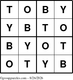 The grouppuzzles.com Answer grid for the Toby puzzle for Wednesday August 26, 2026