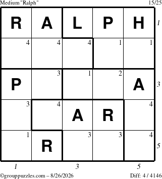 The grouppuzzles.com Medium Ralph puzzle for Wednesday August 26, 2026, suitable for printing, with all 4 steps marked