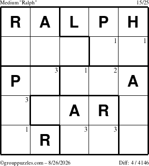 The grouppuzzles.com Medium Ralph puzzle for Wednesday August 26, 2026 with the first 3 steps marked
