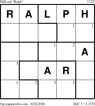 The grouppuzzles.com Difficult Ralph puzzle for Wednesday August 26, 2026 with the first 3 steps marked