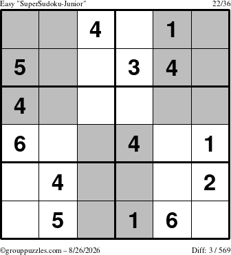 The grouppuzzles.com Easy SuperSudoku-Junior puzzle for Wednesday August 26, 2026