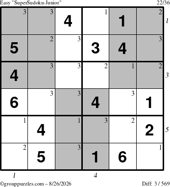 The grouppuzzles.com Easy SuperSudoku-Junior puzzle for Wednesday August 26, 2026 with all 3 steps marked
