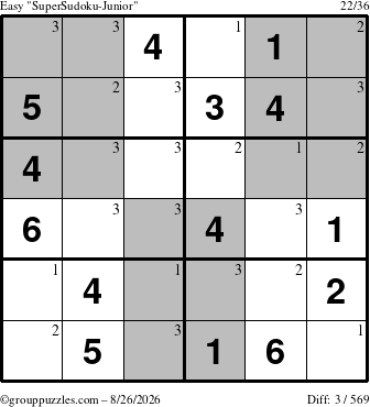 The grouppuzzles.com Easy SuperSudoku-Junior puzzle for Wednesday August 26, 2026 with the first 3 steps marked