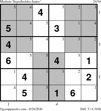 The grouppuzzles.com Medium SuperSudoku-Junior puzzle for Wednesday August 26, 2026 with all 5 steps marked
