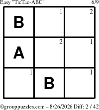 The grouppuzzles.com Easy TicTac-ABC puzzle for Wednesday August 26, 2026 with the first 2 steps marked