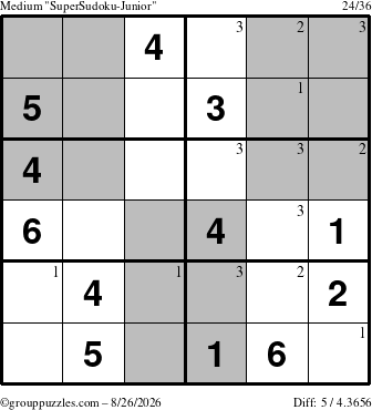 The grouppuzzles.com Medium SuperSudoku-Junior puzzle for Wednesday August 26, 2026 with the first 3 steps marked