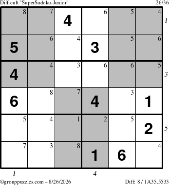 The grouppuzzles.com Difficult SuperSudoku-Junior puzzle for Wednesday August 26, 2026 with all 8 steps marked