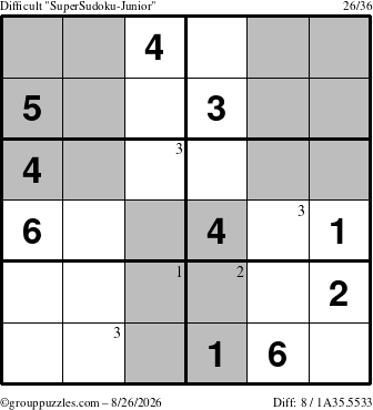 The grouppuzzles.com Difficult SuperSudoku-Junior puzzle for Wednesday August 26, 2026 with the first 3 steps marked