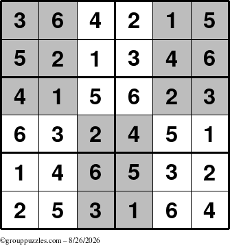 The grouppuzzles.com Answer grid for the SuperSudoku-Junior puzzle for Wednesday August 26, 2026