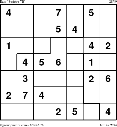 The grouppuzzles.com Easy Sudoku-7B puzzle for Wednesday August 26, 2026