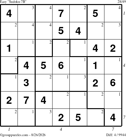 The grouppuzzles.com Easy Sudoku-7B puzzle for Wednesday August 26, 2026 with all 4 steps marked
