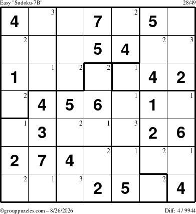 The grouppuzzles.com Easy Sudoku-7B puzzle for Wednesday August 26, 2026 with the first 3 steps marked