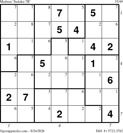 The grouppuzzles.com Medium Sudoku-7B puzzle for Wednesday August 26, 2026 with all 8 steps marked