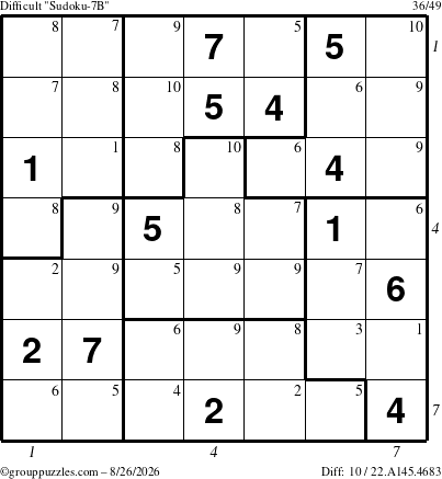 The grouppuzzles.com Difficult Sudoku-7B puzzle for Wednesday August 26, 2026, suitable for printing, with all 10 steps marked