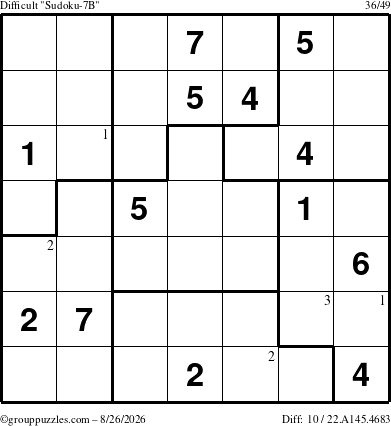 The grouppuzzles.com Difficult Sudoku-7B puzzle for Wednesday August 26, 2026 with the first 3 steps marked