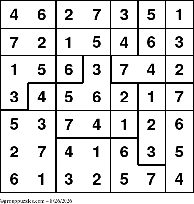 The grouppuzzles.com Answer grid for the Sudoku-7B puzzle for Wednesday August 26, 2026