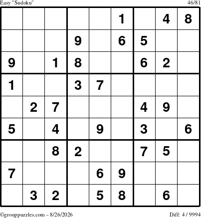 The grouppuzzles.com Easy Sudoku puzzle for Wednesday August 26, 2026
