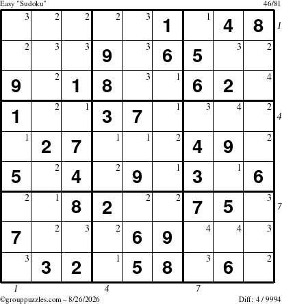 The grouppuzzles.com Easy Sudoku puzzle for Wednesday August 26, 2026, suitable for printing, with all 4 steps marked