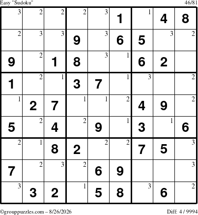 The grouppuzzles.com Easy Sudoku puzzle for Wednesday August 26, 2026 with the first 3 steps marked