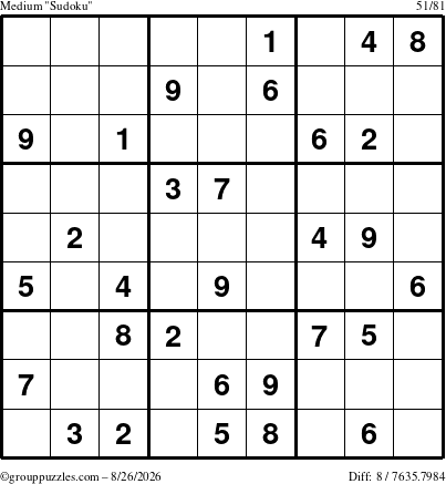 The grouppuzzles.com Medium Sudoku puzzle for Wednesday August 26, 2026