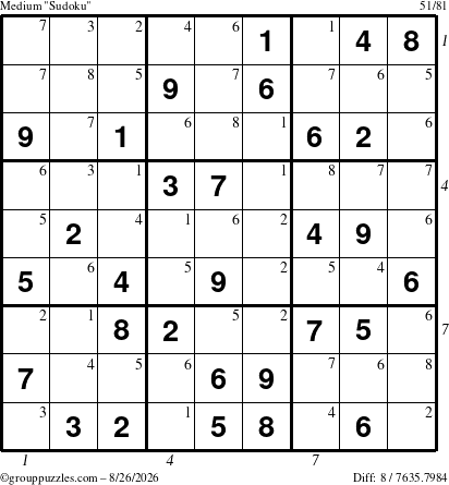 The grouppuzzles.com Medium Sudoku puzzle for Wednesday August 26, 2026 with all 8 steps marked