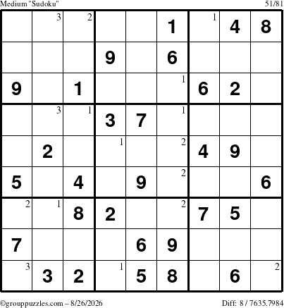 The grouppuzzles.com Medium Sudoku puzzle for Wednesday August 26, 2026 with the first 3 steps marked