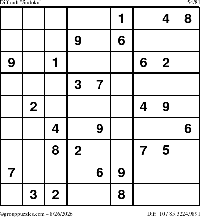 The grouppuzzles.com Difficult Sudoku puzzle for Wednesday August 26, 2026