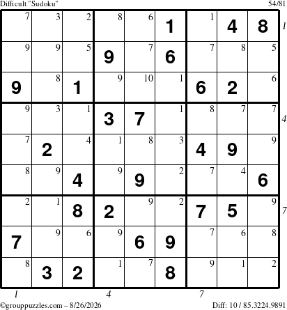 The grouppuzzles.com Difficult Sudoku puzzle for Wednesday August 26, 2026, suitable for printing, with all 10 steps marked