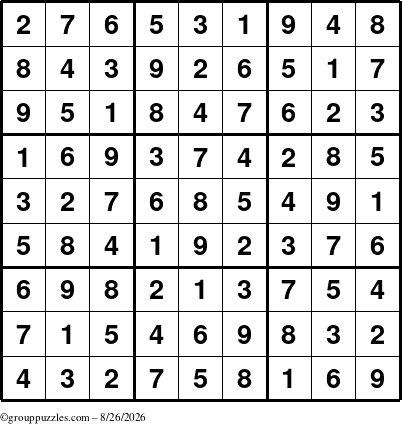The grouppuzzles.com Answer grid for the Sudoku puzzle for Wednesday August 26, 2026