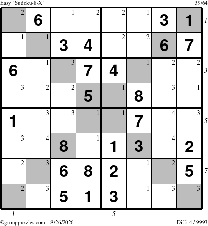 The grouppuzzles.com Easy Sudoku-8-X puzzle for Wednesday August 26, 2026 with all 4 steps marked