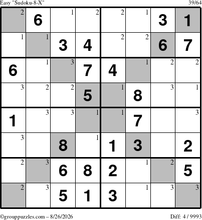 The grouppuzzles.com Easy Sudoku-8-X puzzle for Wednesday August 26, 2026 with the first 3 steps marked