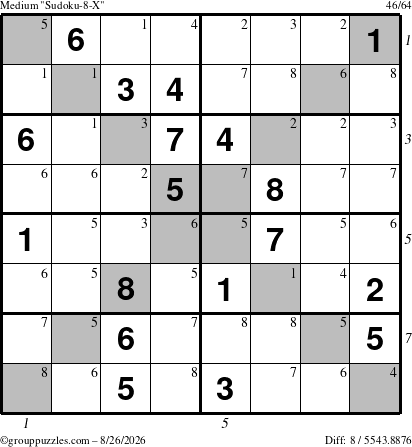 The grouppuzzles.com Medium Sudoku-8-X puzzle for Wednesday August 26, 2026 with all 8 steps marked