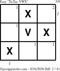 The grouppuzzles.com Easy TicTac-VWX puzzle for Wednesday August 26, 2026, suitable for printing, with all 2 steps marked