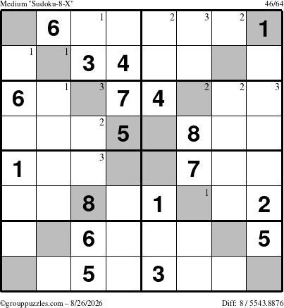 The grouppuzzles.com Medium Sudoku-8-X puzzle for Wednesday August 26, 2026 with the first 3 steps marked