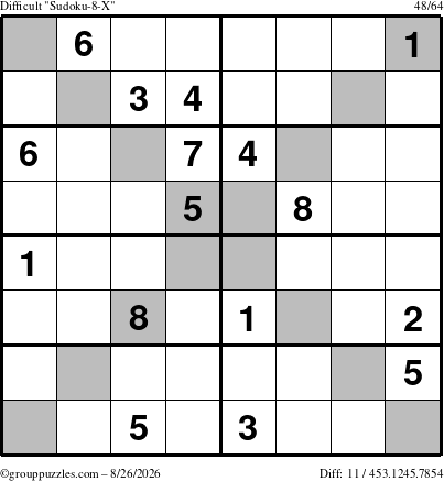 The grouppuzzles.com Difficult Sudoku-8-X puzzle for Wednesday August 26, 2026