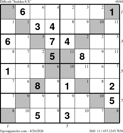 The grouppuzzles.com Difficult Sudoku-8-X puzzle for Wednesday August 26, 2026 with all 11 steps marked