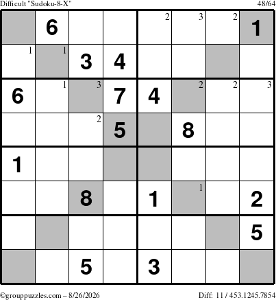 The grouppuzzles.com Difficult Sudoku-8-X puzzle for Wednesday August 26, 2026 with the first 3 steps marked