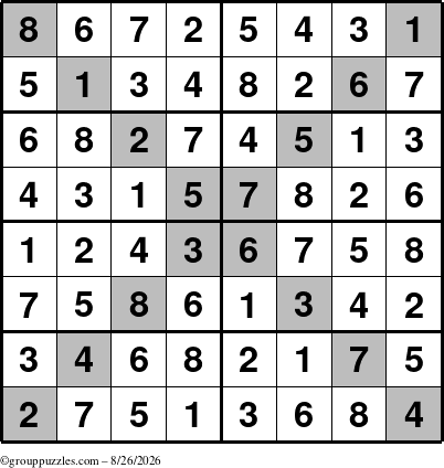 The grouppuzzles.com Answer grid for the Sudoku-8-X puzzle for Wednesday August 26, 2026