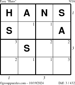 The grouppuzzles.com Easy Hans puzzle for Saturday October 19, 2024 with all 3 steps marked