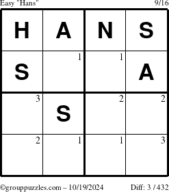 The grouppuzzles.com Easy Hans puzzle for Saturday October 19, 2024 with the first 3 steps marked