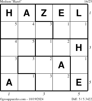 The grouppuzzles.com Medium Hazel puzzle for Saturday October 19, 2024 with all 5 steps marked