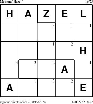 The grouppuzzles.com Medium Hazel puzzle for Saturday October 19, 2024 with the first 3 steps marked